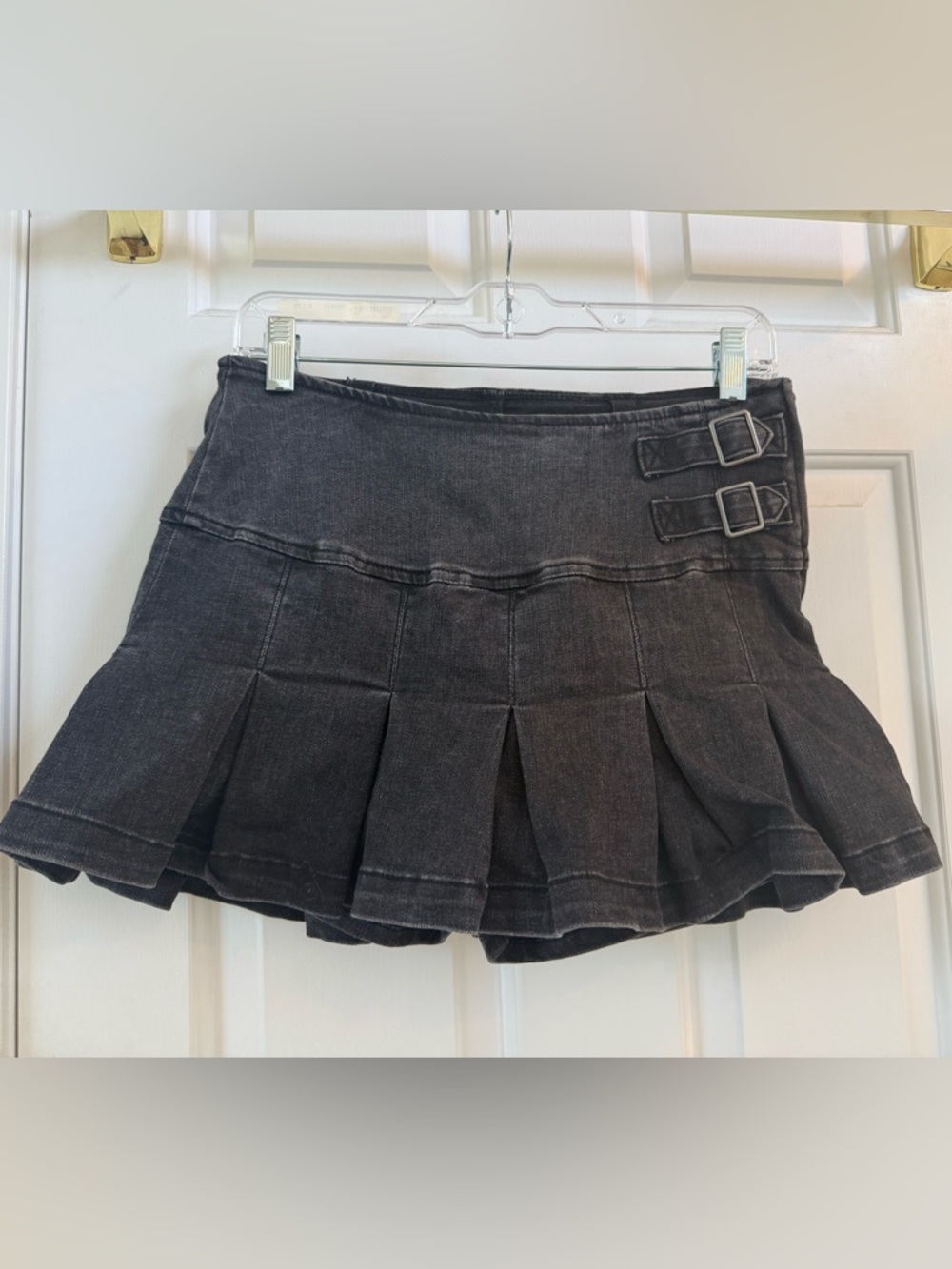 Wild Fable Pleated Black Jean Mini Skirt with Side Buckles